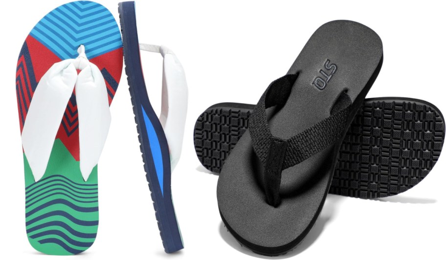 multicolored and black flip flops