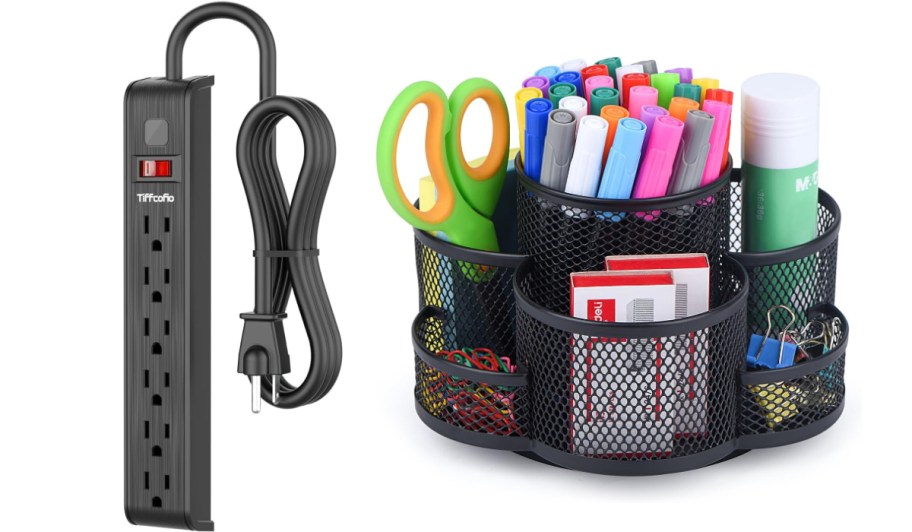 black power strip and black pencil holder with pens in it