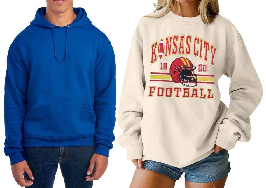 man in blue hoodie and woman in tan football sweatshirt 