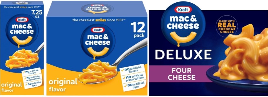 kraft mac and cheese original, multi pack and deluxe 4 cheese varieties