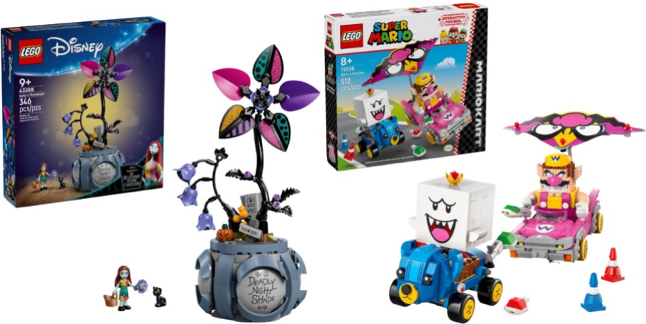A LEGO Disney Nightmare Before Christmas Sally's Flowerpot set and a LEGO Super Mario Mario Kart set with built models and boxes.