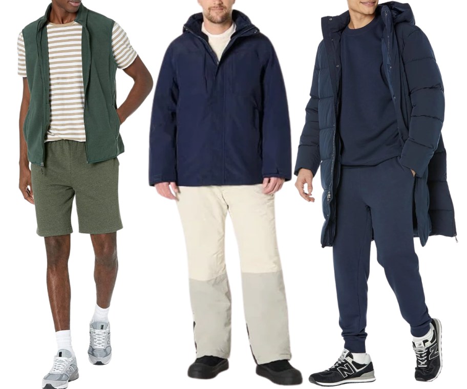 man in a vest, rain jacket and puffer coat
