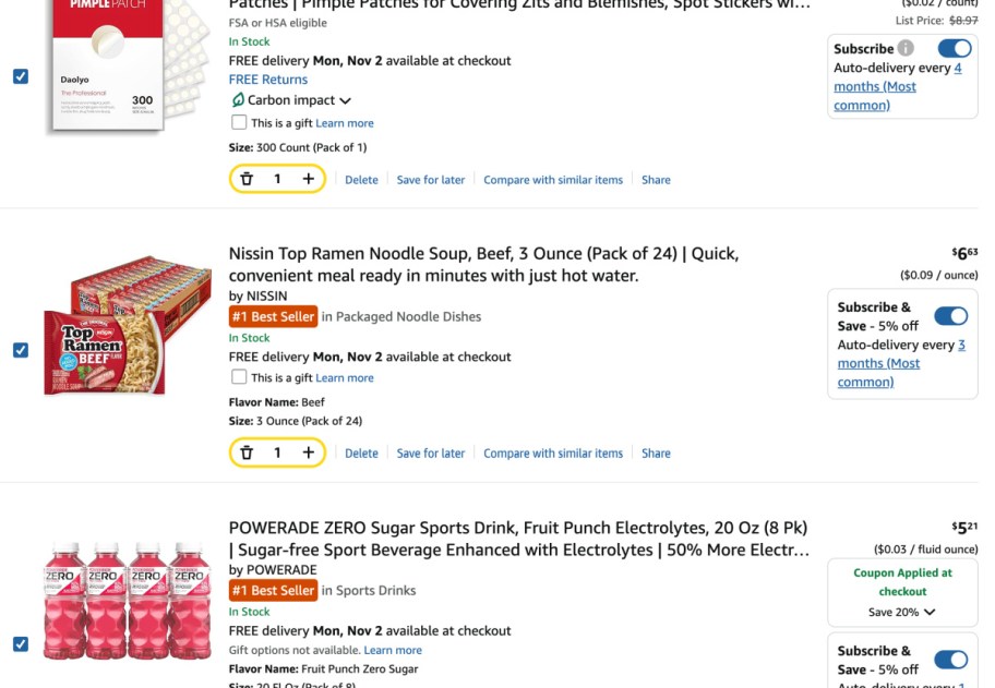 screenshot of amazon order with ramen, powerade, and pimple patches