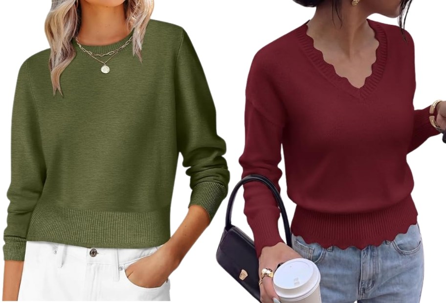 woman in green cropped sweater and woman in a wine colore scalloped sweater