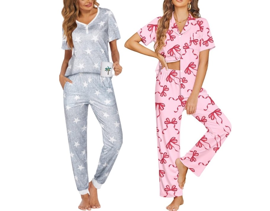 two women wearing short sleeve pj sets in different styles and colors