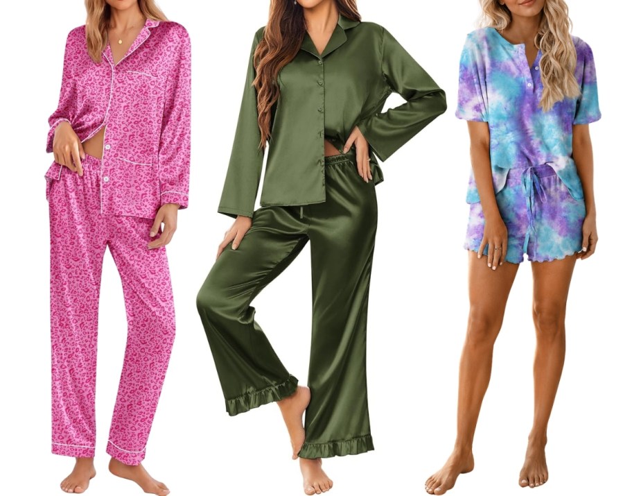 3 women wearing short sleeve pj sets in different styles and colors