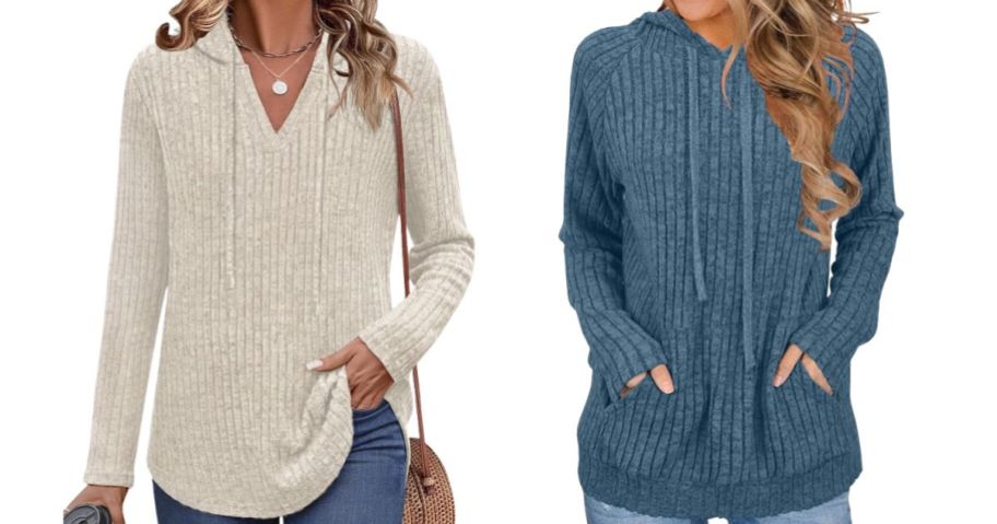 two women wearing sweater hoodies in beige and blue
