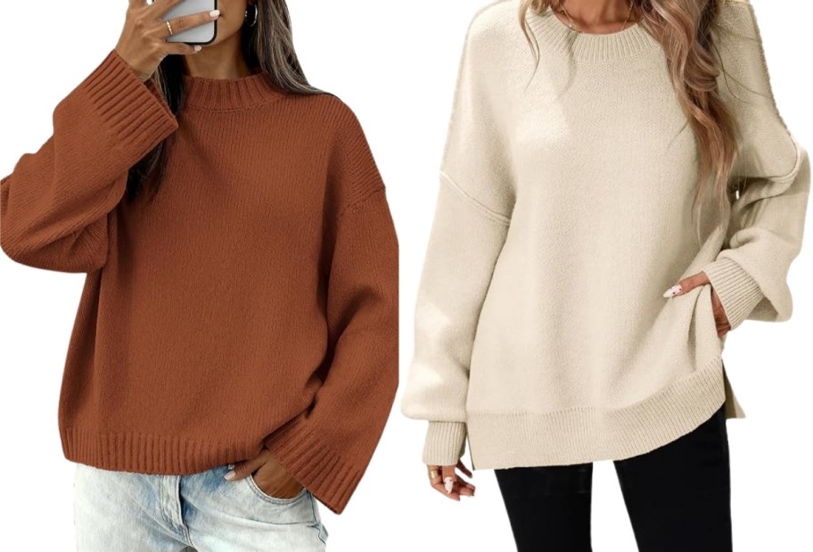 two women in oversized sweaters