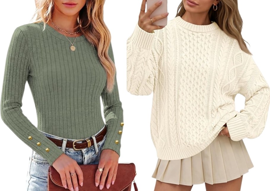 woman in a fitted green sweater and a woman in a oversized cream colored cable knit sweater