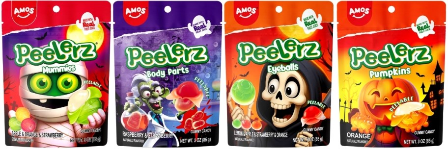 four peelers halloween gummy flavors in 3.oz bags