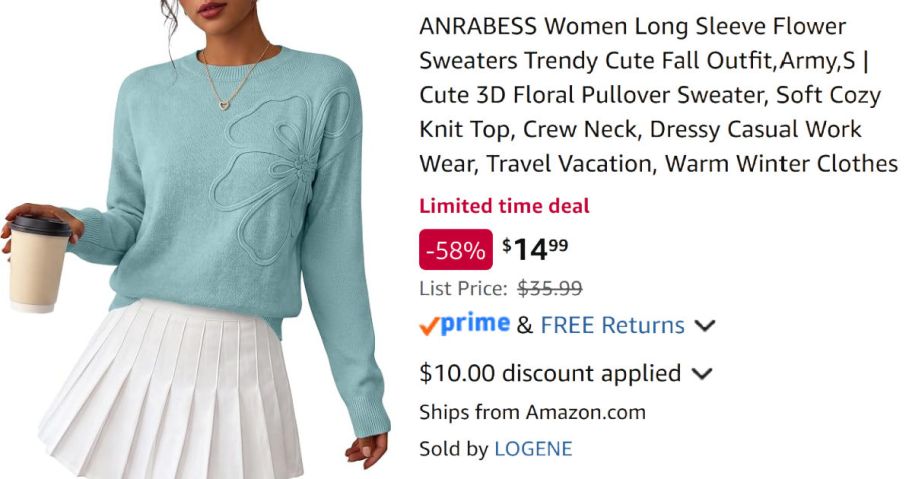 woman wearing aqua flower sweater next to Amazon pricing information