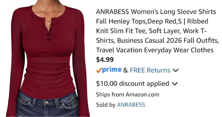 woman wearing red shirt next to Amazon pricing information
