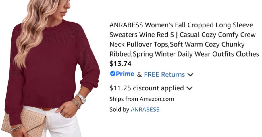 woman wearing burgundy sweater next to Amazon pricing information