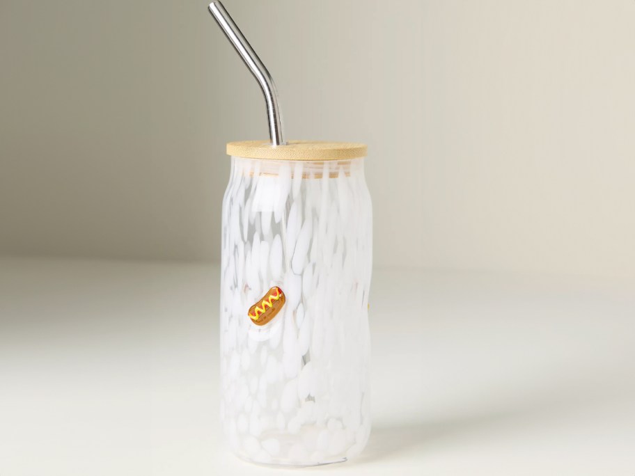 glass tumbler with hot dog 