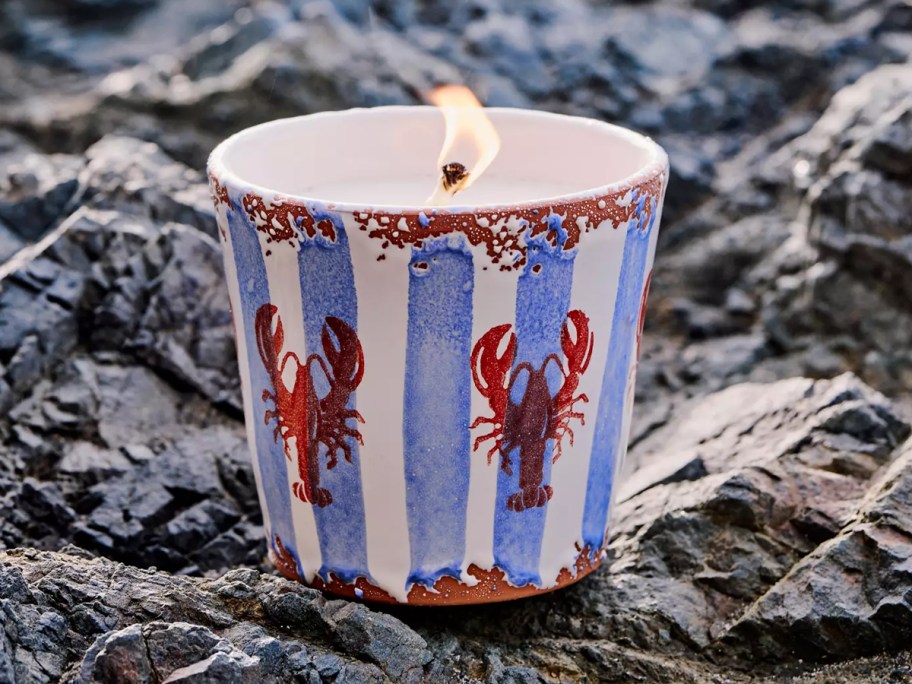 red and blue lobster candle