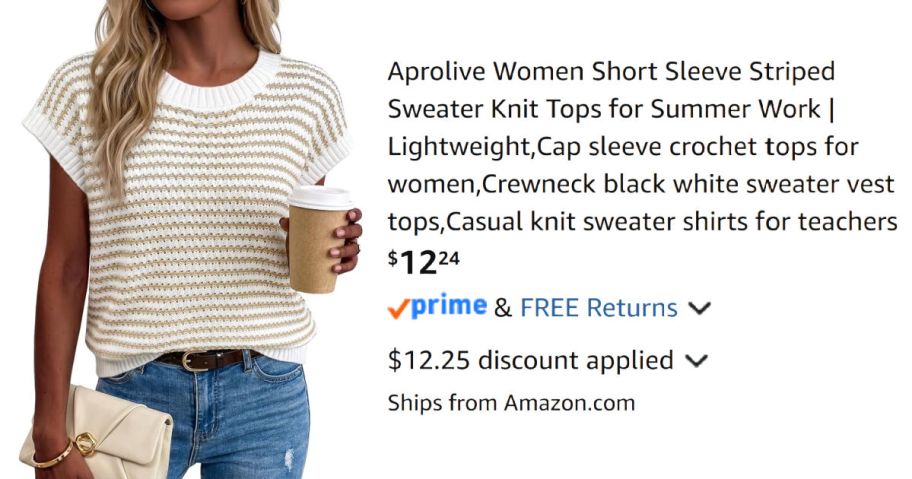 woman wearing striped shirt next to Amazon pricing information