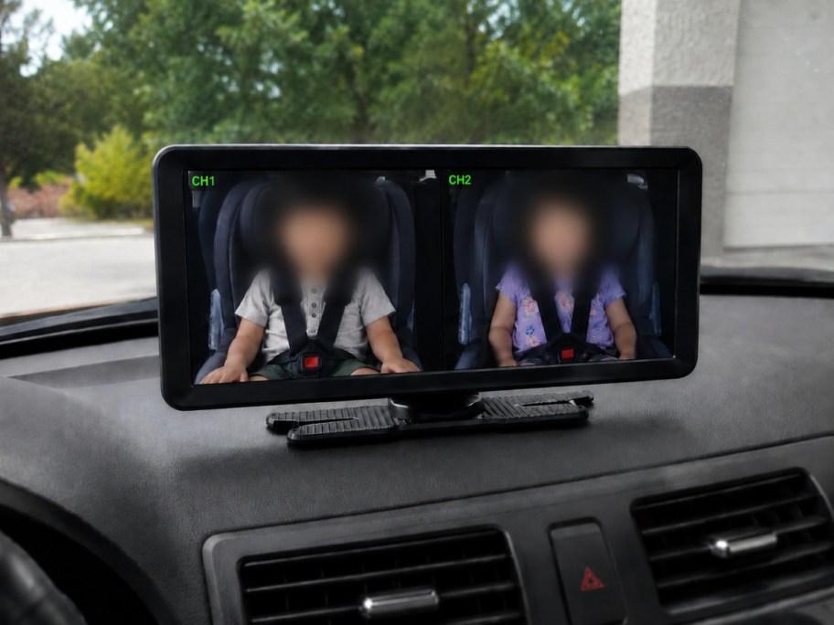baby car camera with dual screens on a car dashboard
