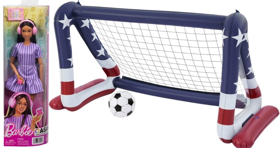 fashion doll and soccer goal