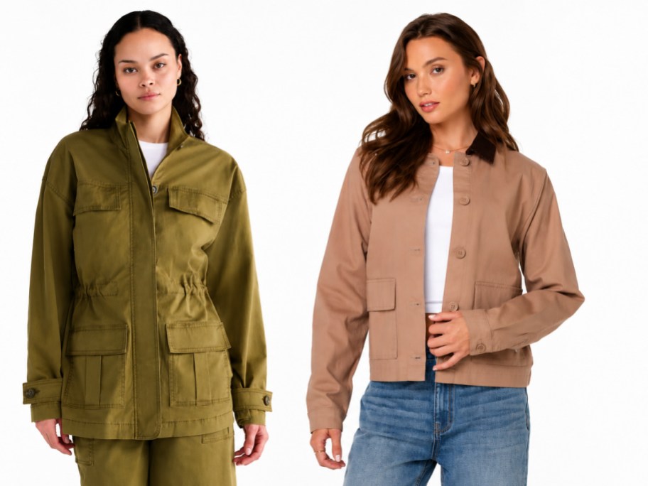 two women wearing green and tan barn jackets