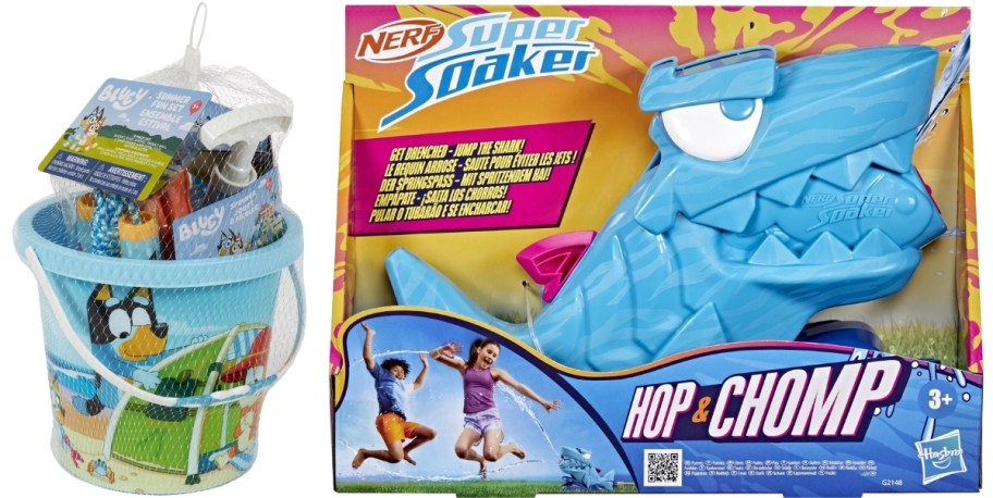 beach toys in a bucket and a nerf supersoaker