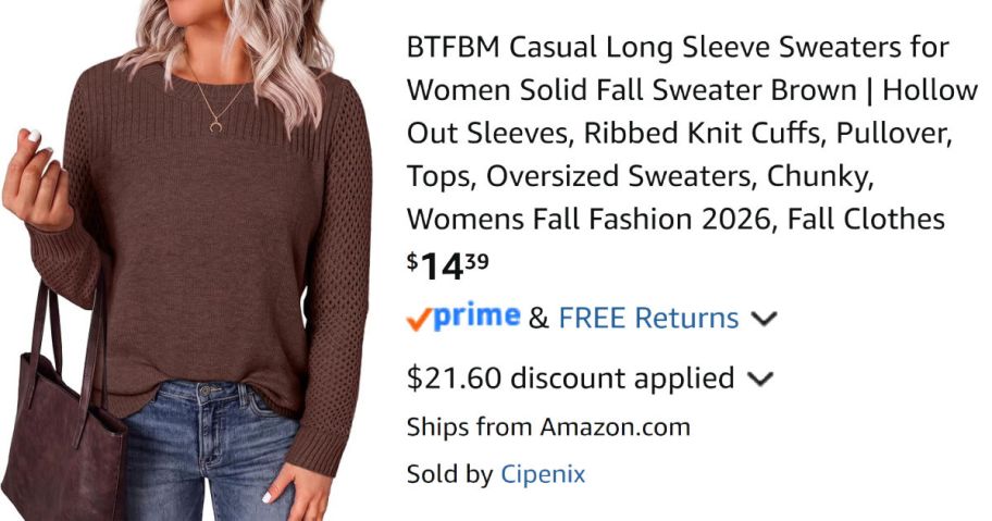 woman wearing brown sweater next to Amazon pricing information