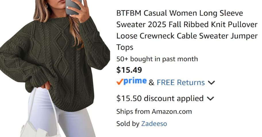 woman wearing green sweater next to Amazon pricing information