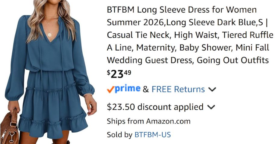 woman wearing a blue dress next to Amazon pricing information