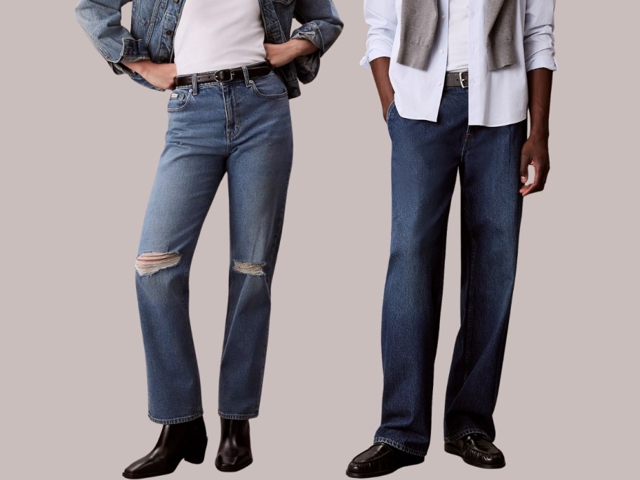 woman and man in calvin klein jeans