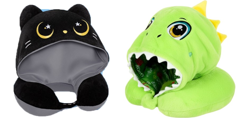 black cat, and green dinosaur neck pillows