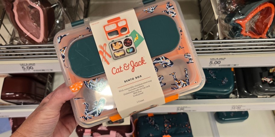 hand holding green and orange bento box 
