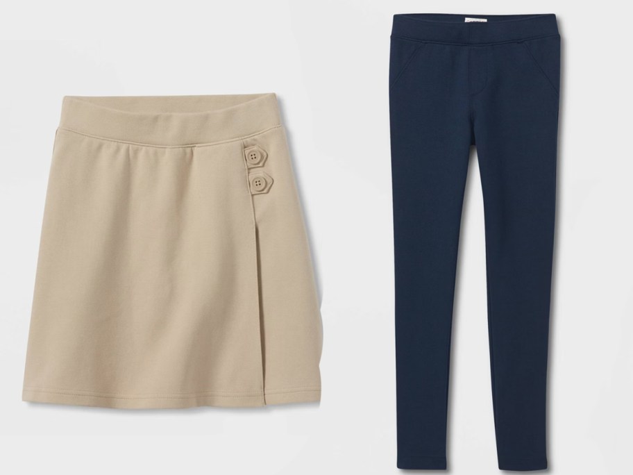 beige skirt and blue pants 