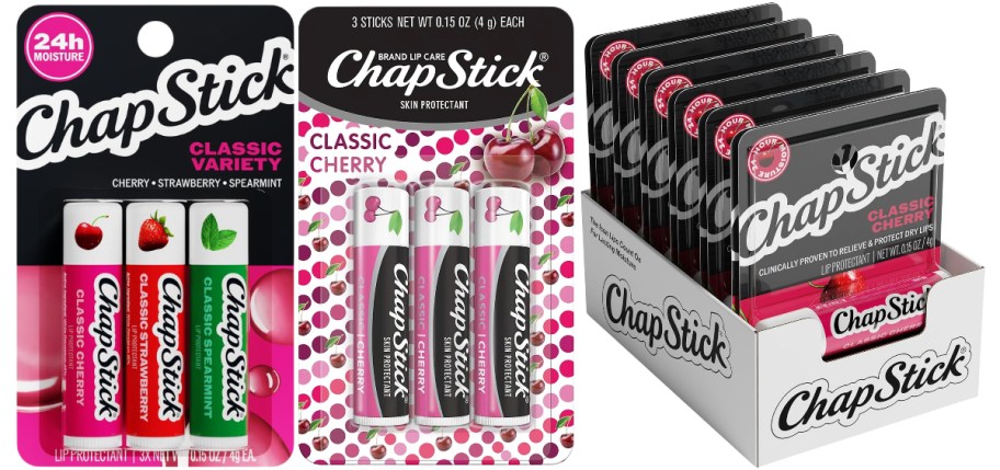 chapstick variety 3 pack, cherry 3 pack, and variety 15 pack