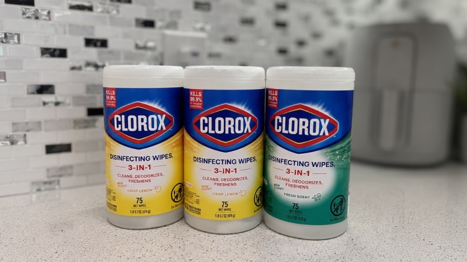 a 3 pack of chlorox disinfection wipes on a kitchen counter