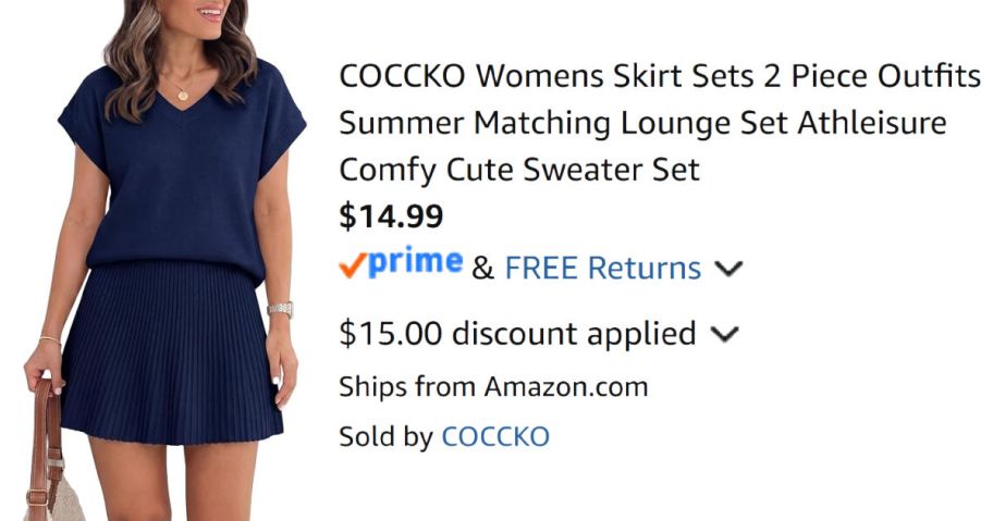 woman wearing a navy skirt set next to Amazon pricing information