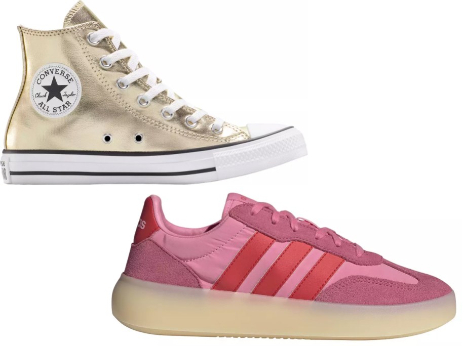 gold and pink shoes