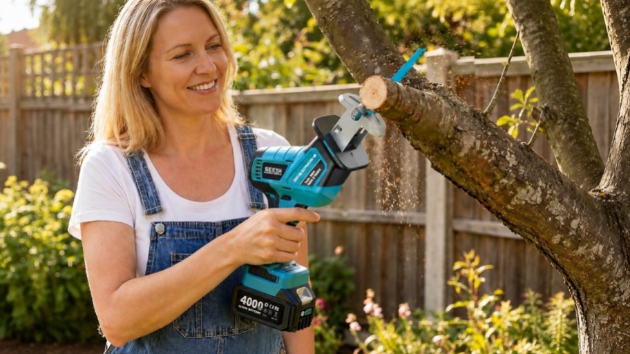 a woman using a reciprocating saw on a tree branch