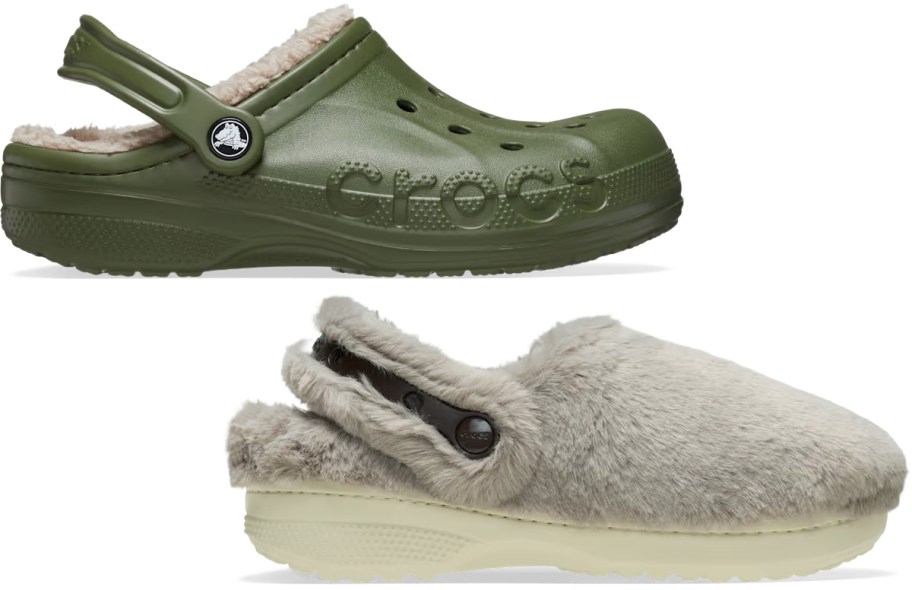 green and furry gray clogs 