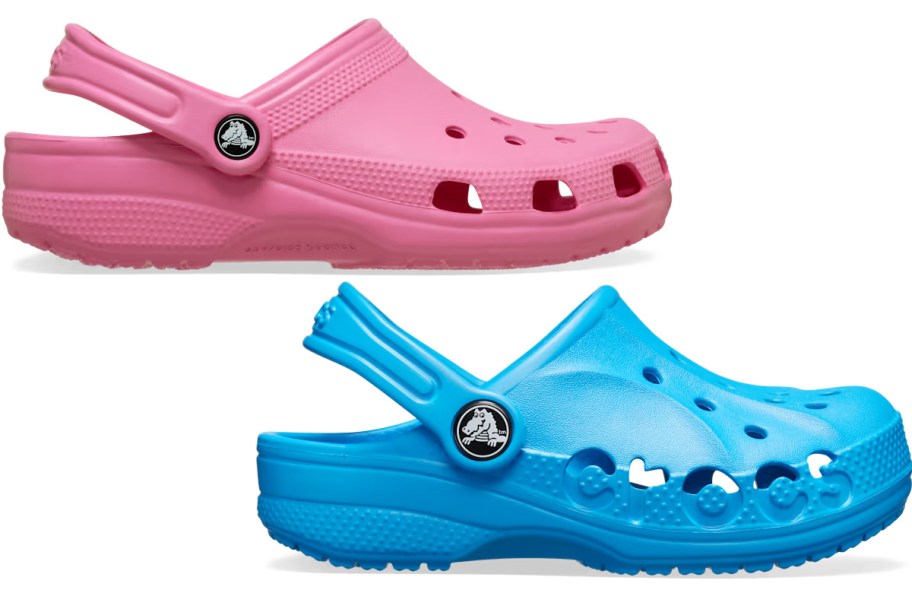 pink and blue croc clogs 