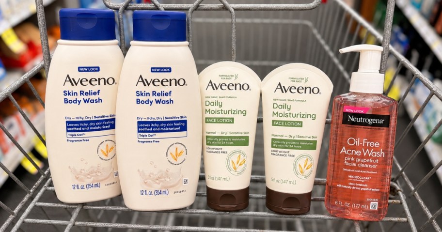 bottles of Aveeno body wash, face lotion, and Neutrogena Face Wash in a CVS cart