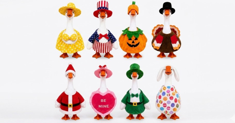 desk geese in holiday outfits