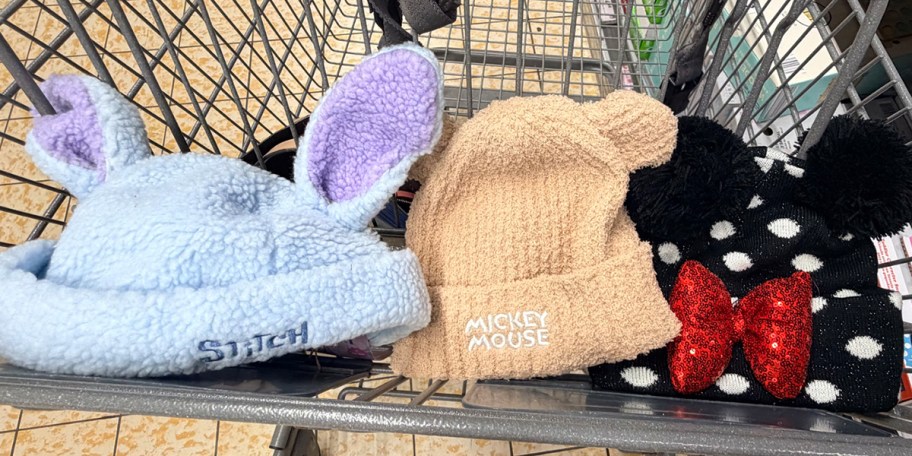 blue, tan and black disney beanies in cart 