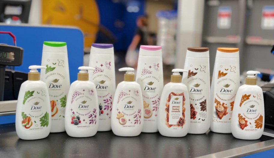 various dove products lined up on a walmart checkout counter