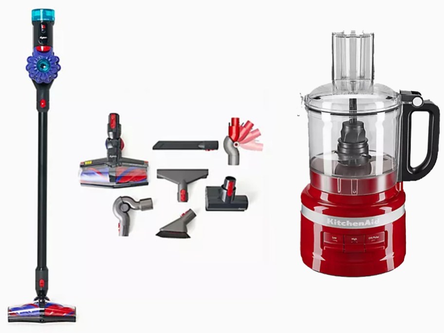 purple and gray vacuum and red food processor