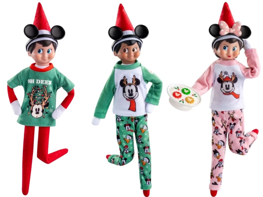 elf in a mickey mouse tee and two elves in mickey mouse pajamas