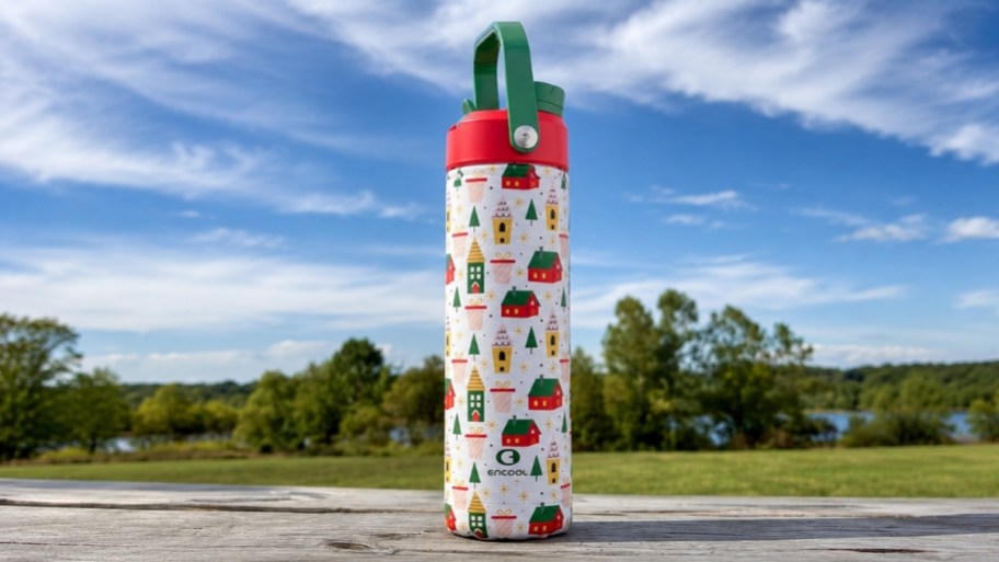 holiday water bottle on a picnic table