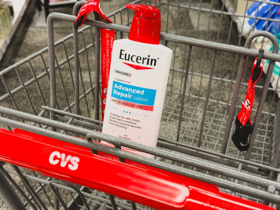 bottle of eucerin body lotion in a cvs cart