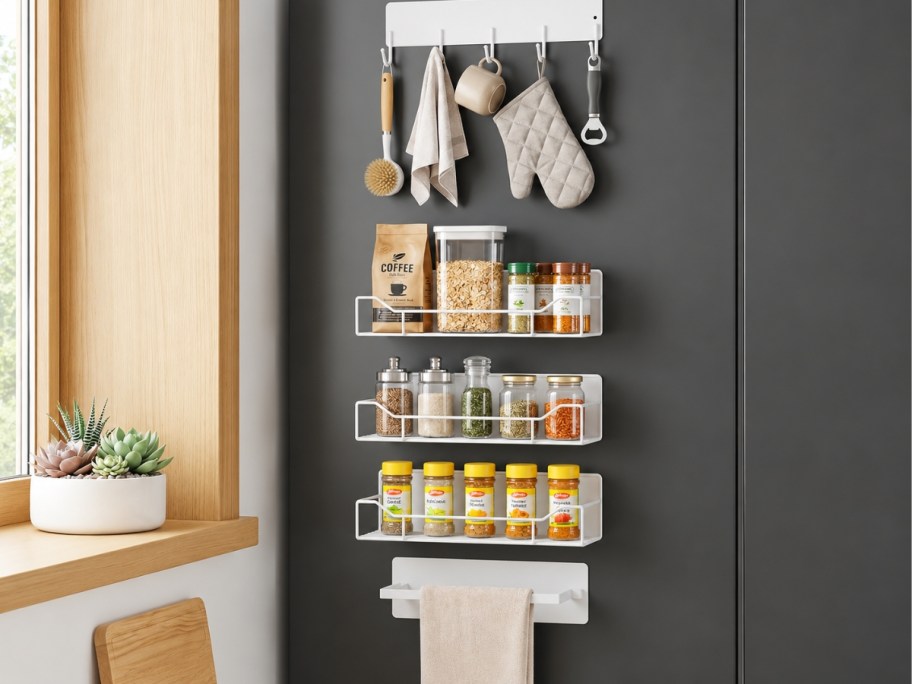 a set of magnetic shelves on the side of a refrigerator 