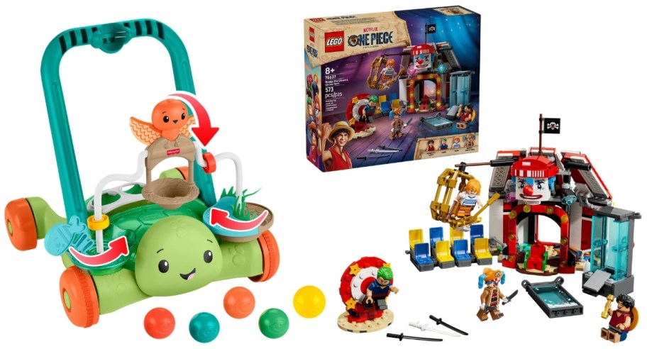 fisher price moves with me turtle push toy and one piece lego set