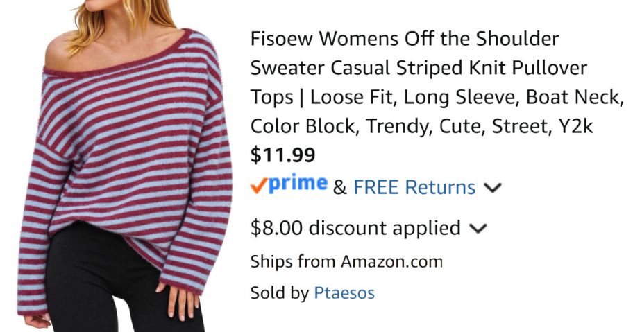 woman wearing striped sweater next to Amazon pricing information