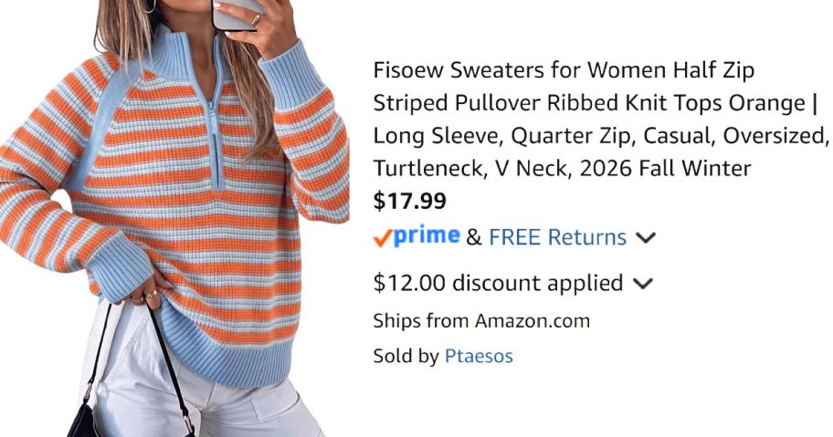 woman wearing striped sweater next to Amazon pricing information